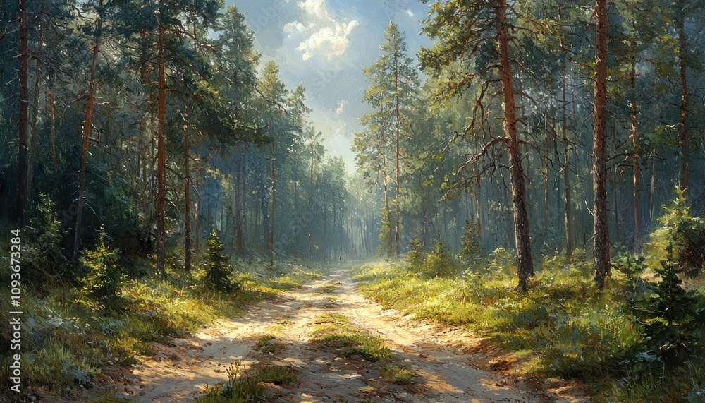 Poster Sunlit Path Through a Dense Pine Forest