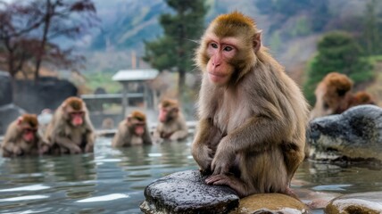 Naklejka premium A hot tub for snow monkeys at the monkey Park in Japan. This is the only place in the wild where you can watch monkeys relaxing in natural hot springs.