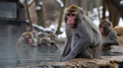 Naklejka premium A hot tub for snow monkeys at the monkey Park in Japan. This is the only place in the wild where you can watch monkeys relaxing in natural hot springs.