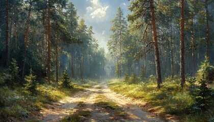 Sunlit Path Through a Dense Pine Forest