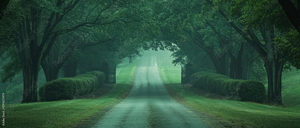 Poster foggy pathway through a tree-lined driveway