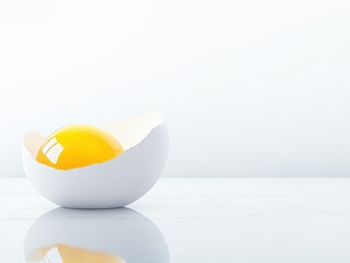 Minimalist Egg Yolk in Half-Shell on Sleek White Surface with Soft Lighting