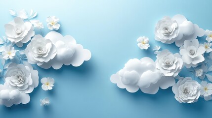 Paper Clouds Decoration with White Clouds and Floral Elements on Blue Background