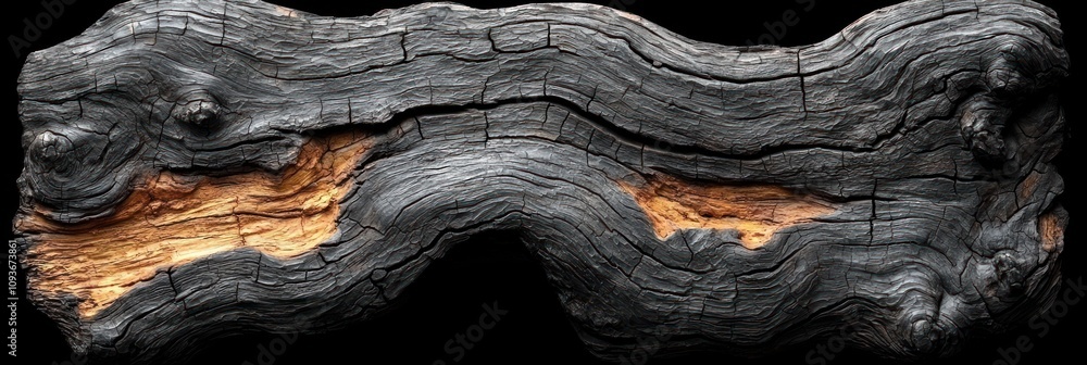 Poster burnt and partially charred wood with visible grain