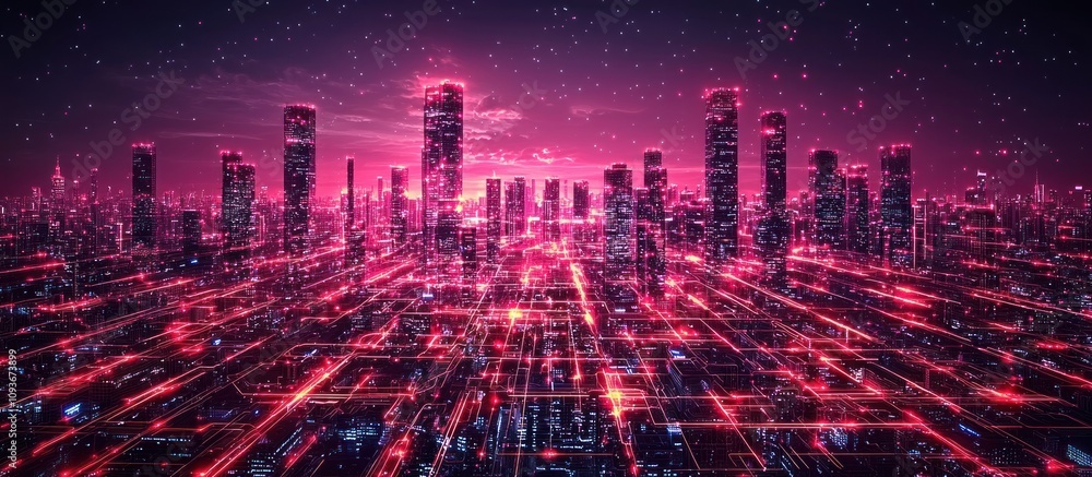 Aufkleber neon cityscape with interconnected network of glowing lines