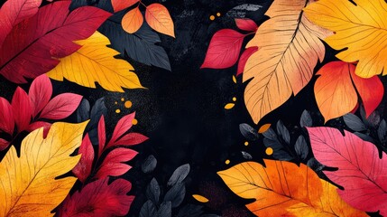 Vibrant Autumn Leaves Illustration Featuring Black, Yellow, Red, and Pink Hues