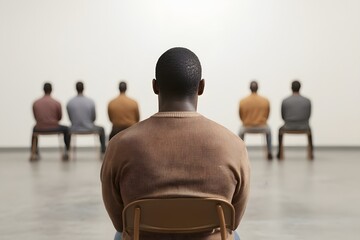 Back view of a depressed Black male drinker sitting in a therapy session, holding a glass and engaging in conversation, symbolising seeking help and emotional healing
