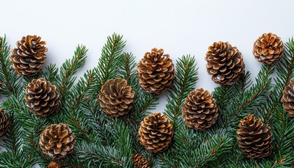 Fototapeta premium Pine Cones and Evergreen Branches on a White Background
