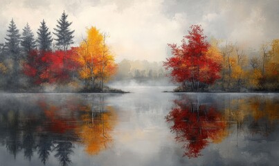 Fototapeta premium A serene lake reflects the changing seasons with trees in red, orange, yellow, and grey hues. The mist adds a mysterious touch to the tranquil scene