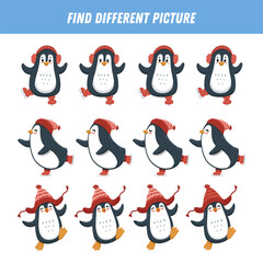 Find different picture each row. Logical game with penguins for kids. Cartoon character. Educational game. Activity page with funny penguin. Vector