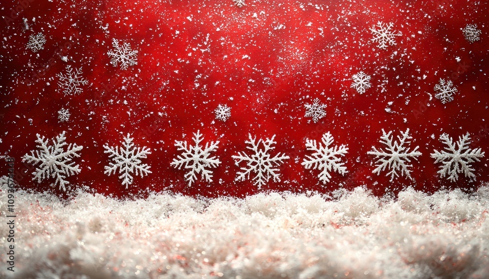 Poster white snowflakes on a red background with snow