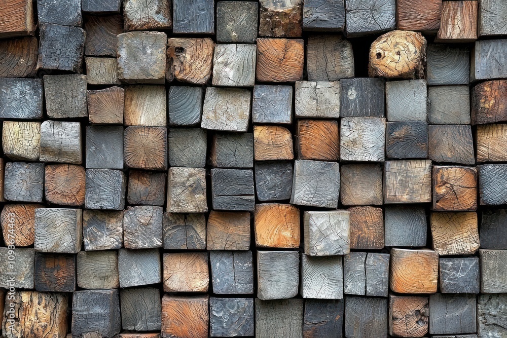 Poster A Wall of Squared Wooden Blocks with Varying Grain Patterns