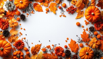 Obraz premium Autumnal Frame with Pumpkins, Leaves, and Flowers