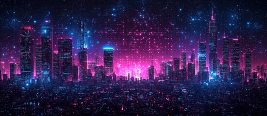 Obraz premium A futuristic cityscape with vibrant neon lights and a network of digital connections against a starry night sky.