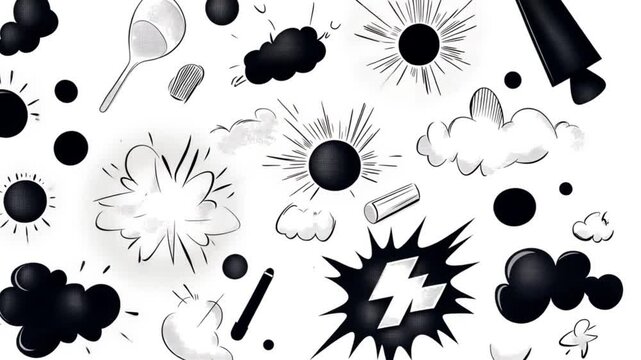 Hand-drawn black and white comic book style speech bubbles and effects.