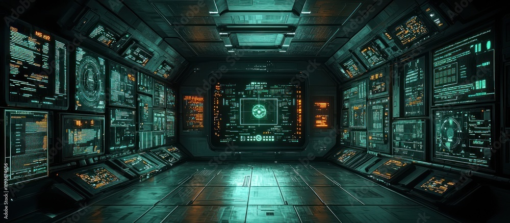 Poster Futuristic Spaceship Corridor with Multiple Digital Screens Displaying Data