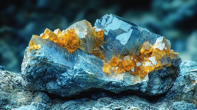 Vibrant blue and orange crystal formation on rough rock surface in natural setting