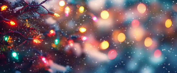 Christmas tree with colorful lights and snowfall in festive scene