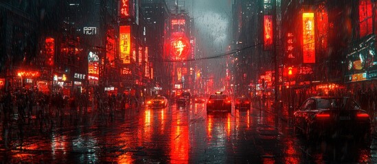 Obraz premium Rainy Night in a Neon-Lit City Street with Cars and Pedestrians