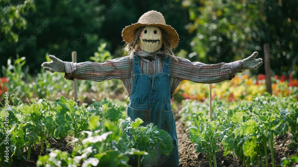 Aufkleber a scarecrow with a straw hat and denim overalls is positioned in the center of a vibrant vegetable g