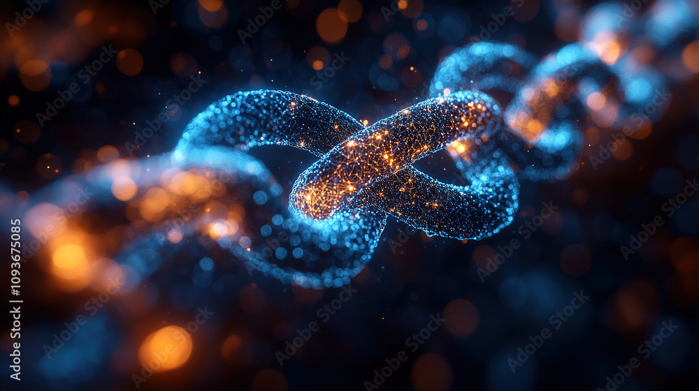 Poster glowing digital chain link illuminated by blue and orange particles in a dark environment. generativ