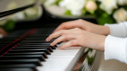 Obraz premium Close up experienced master piano hand helps the student to make good pianist