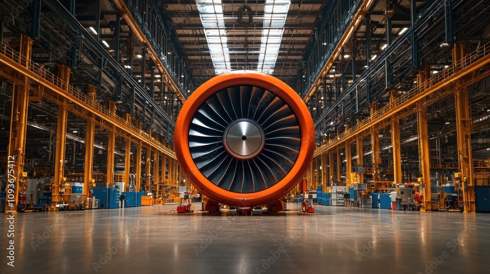 Poster an orange jet engine in a factory setting