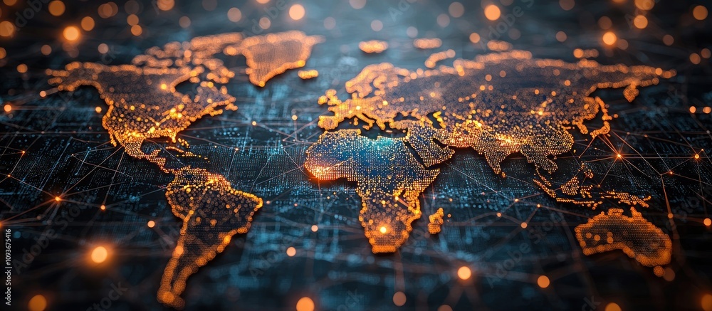 Poster A glowing world map with connecting lines symbolizing global interconnectedness