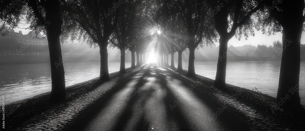 Poster sunbeams illuminating a pathway through a tree-lined riverbank