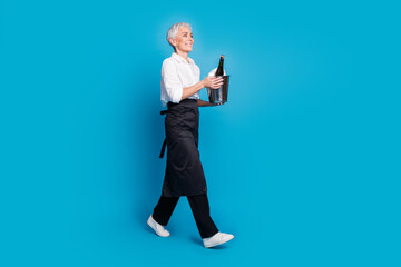 Full size photo of pretty retired female hold bucket wine restaurant employee walk wear waitress...