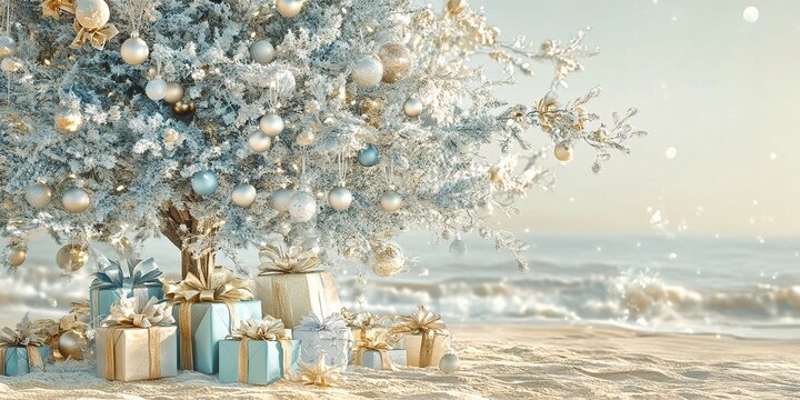 Coastal-Themed Christmas Tree with Light Blue and White Decorations