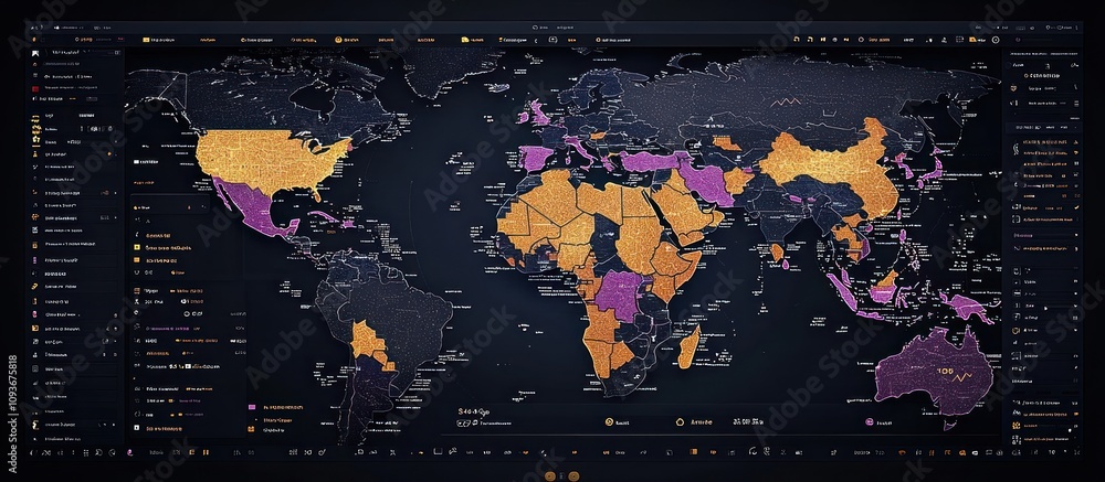 Poster World Map Displaying Data with Country Outlines and Detailed Information Panel