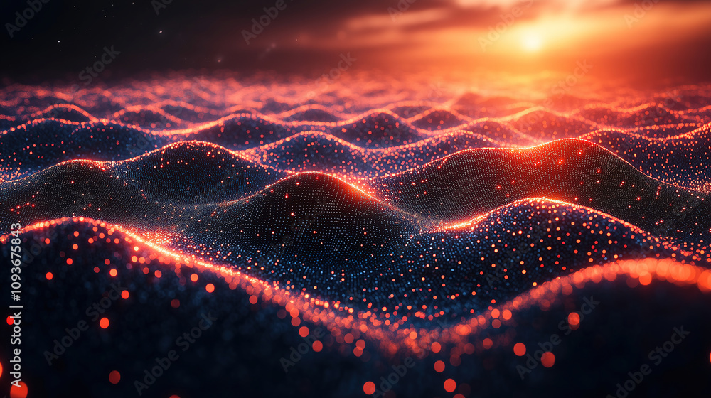 Poster digital landscape with illuminated waves during sunset showcasing vibrant colors and dynamic texture