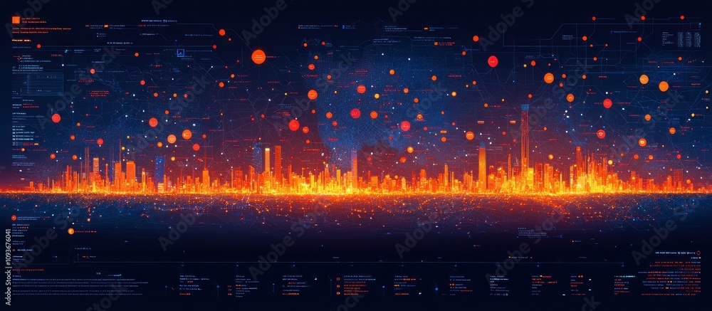 Poster Futuristic Cityscape with Digital Network Overlay and Data Visualization