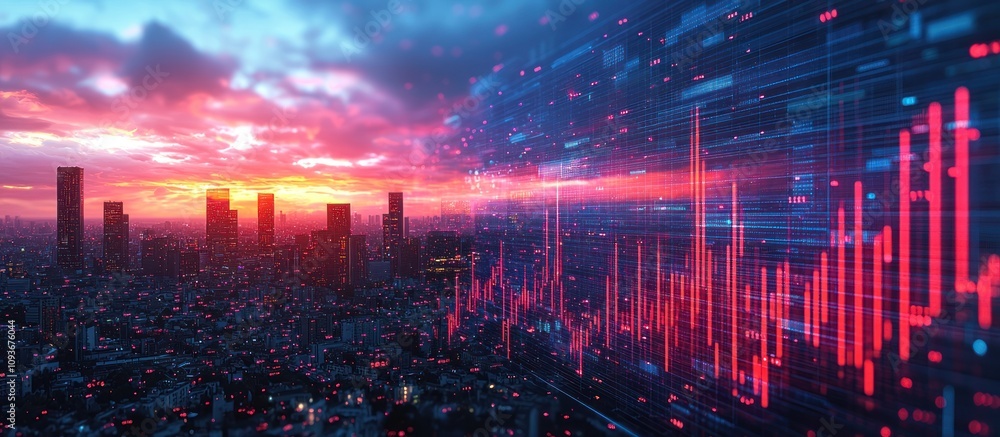 Poster a futuristic cityscape with red data streams at sunset