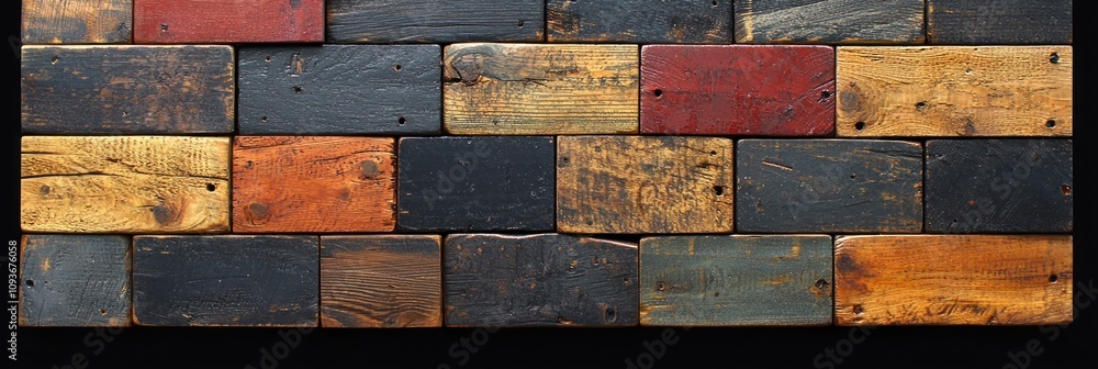 Poster multicolored wooden block wall with distinctive textures