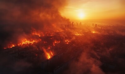 A dramatic aerial view of a city engulfed in fire, with smoke and flames filling the sky.