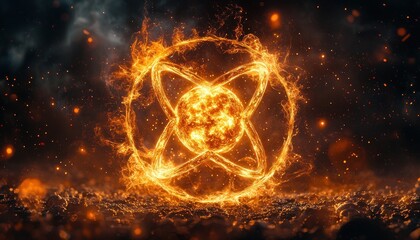 Obraz premium A fiery orb surrounded by flames and sparks, glowing against a dark background.
