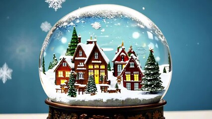 A snow globe showcases a charming winter village with falling snowflakes.