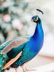 Fototapeta premium Majestic Peacock Displaying Vibrant Plumage in Lush Garden Setting