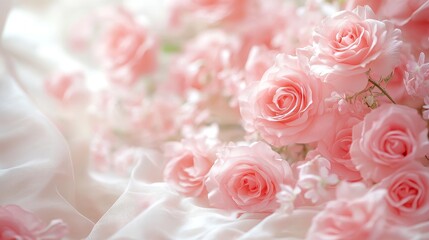 A soft focus image of delicate pink roses arranged with lighter floral elements on a silky background