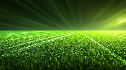 An abstract background of vibrant green turf with white lines, illuminated by soft light rays creating a dynamic atmosphere