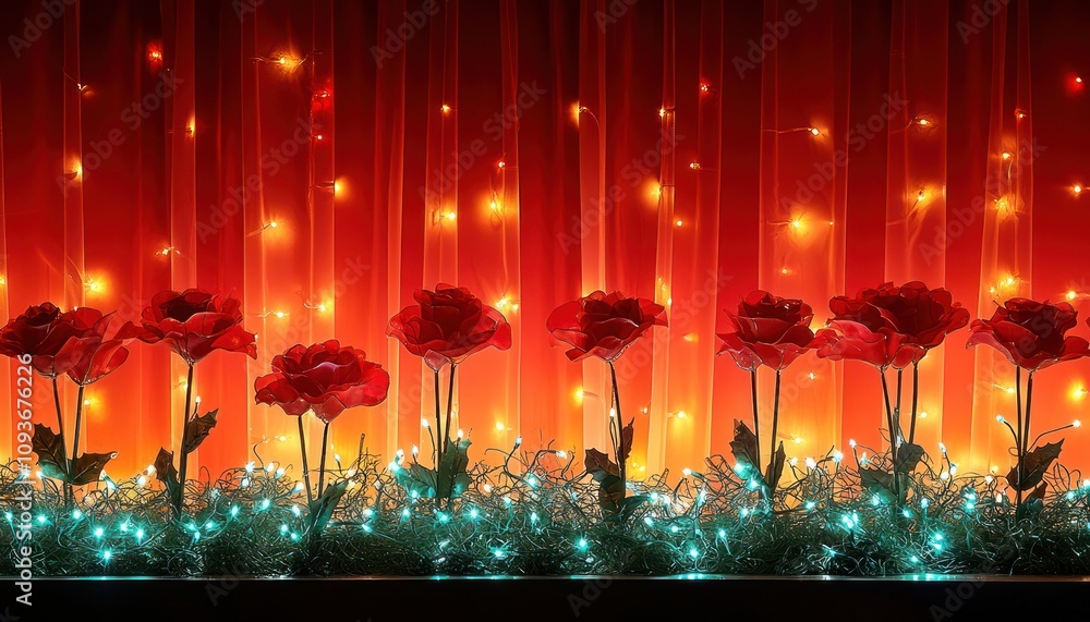 Poster red roses in front of an orange curtain with string lights
