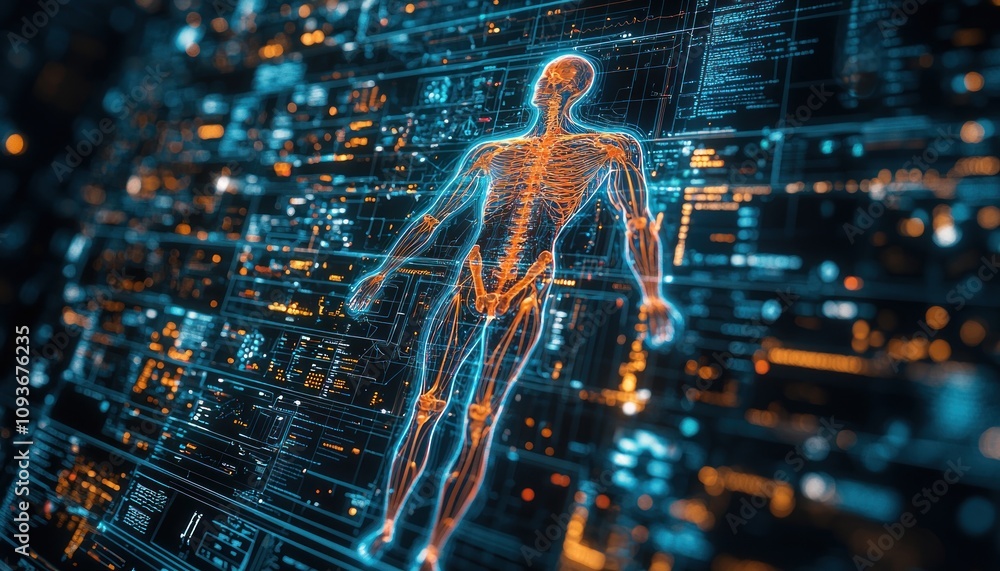 Aufkleber Digital Human Skeleton with Interconnected Lines and Data Visualizations
