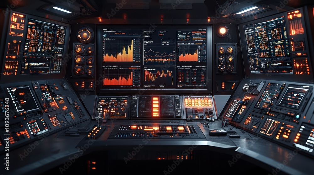 Aufkleber futuristic control panel with orange lights and data displays