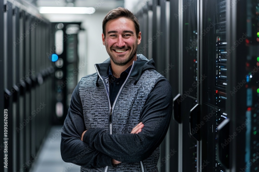 Poster a smiling professional posing in a data center, surrounded by multiple server racks and advanced tec