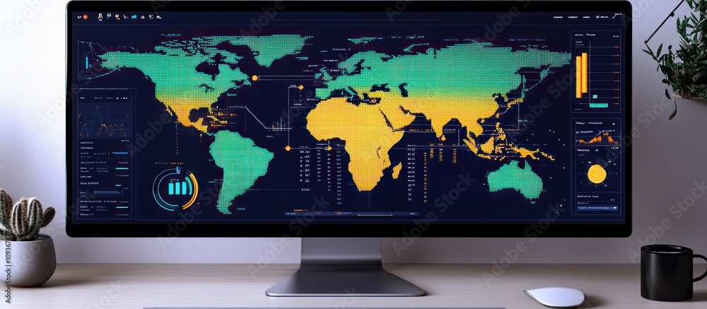 Leinwandbilder A Computer Screen Displaying a World Map with Data Visualizations
