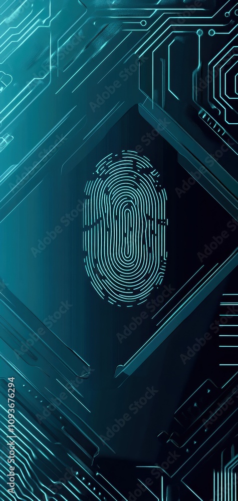 Poster digital fingerprint design with flat cybernetic backdrop in teal blue tones. generative ai