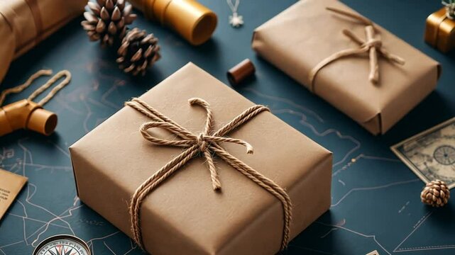 A beautifully wrapped package with twine sits on a map, hinting at a journey ahead.