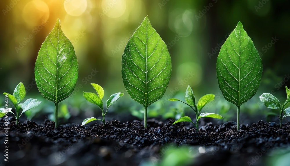 Poster three young saplings growing in rich soil with a bokeh background